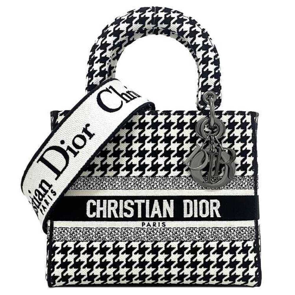 Christian Dior Bag Lady Black White Gray Lite Houndstooth Jacquard Cannage
